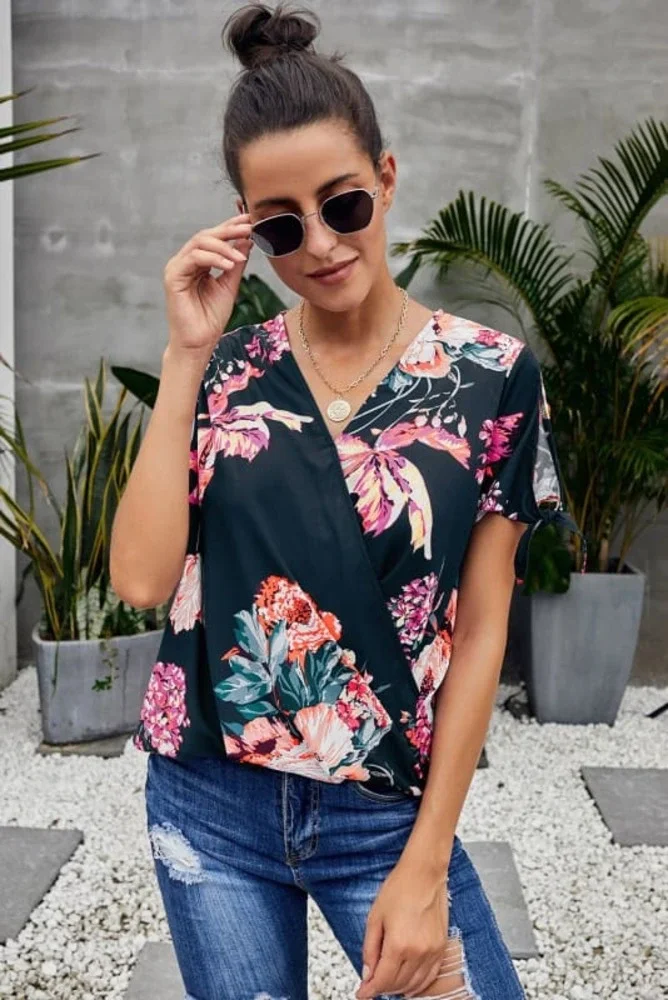 High-Low Floral Twist Front Top